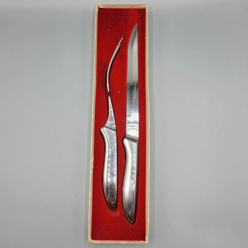 Vtg Stainless Steel Cutlery Fork and Knife Meat Carving Set Japan Original Box